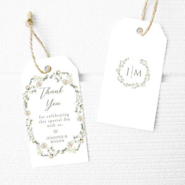 Dusty Grönt Blommigt Wandeand Bröllop Tack Presentetikett (Skapare uppladdad)