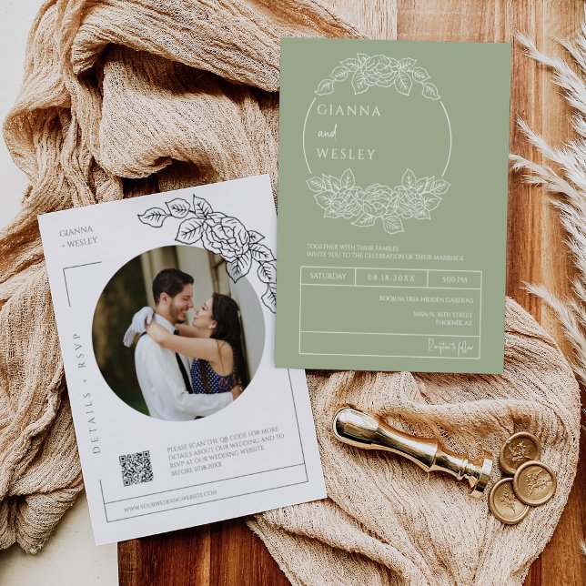 Dusty Grönt Botanical Line Art Boho QR-kodfoto Inbjudningar (Skapare uppladdad)