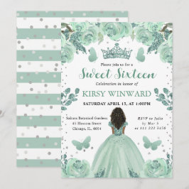 Dusty Grönt Dress Mörk Skin Princess Sweet 16 Inbjudningar