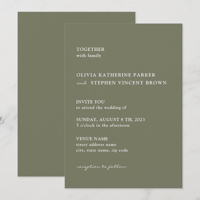 Dusty grönt enkel typografi modern Bröllop Inbjudningar (Fram/baksida)