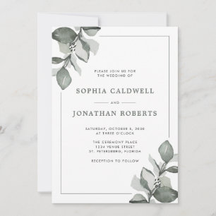 Dusty Grönt Eucalyptus Alla i ett Elegant bröllop Inbjudningar