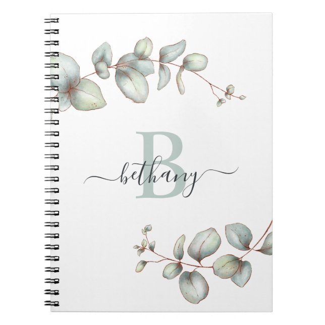 Dusty Grönt Eucalyptus Personlig Monogram Anteckningsbok (Framsidan)
