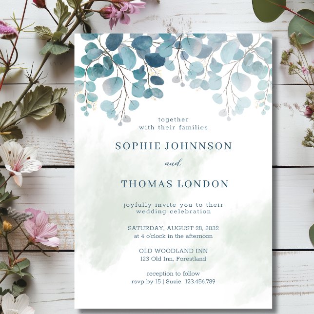 Dusty grönt eucalyptus vattencolor bröllop inbjudningar (Skapare uppladdad)