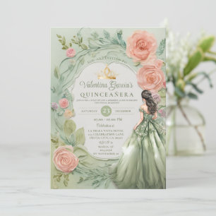 Dusty Grönt Quinceañera 15 Anos Flowers Guld Inbjudningar