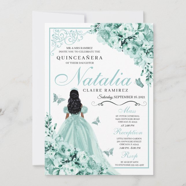 Dusty Grönt Ro Princess Dress Quinceanera Inbjudningar (Framsida)