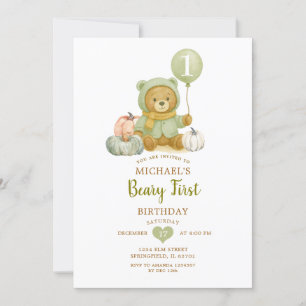 Dusty Grönt Sage Fall Beary Första födelsedag Inbjudningar