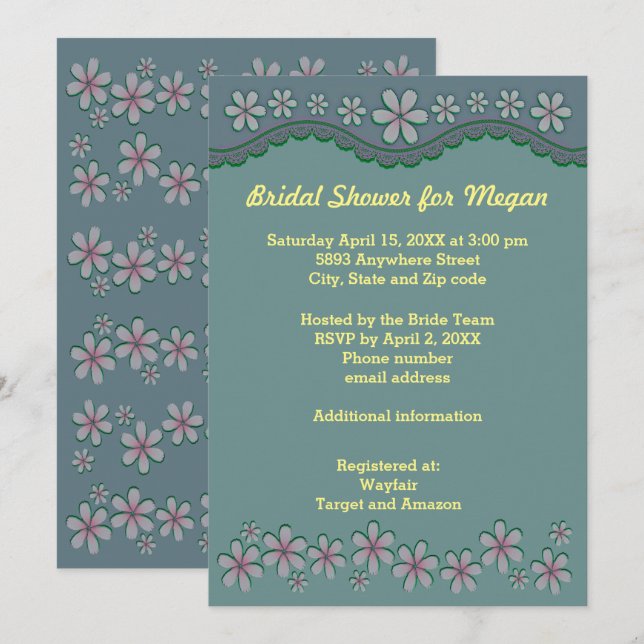 Dusty Grönt sex Petal Flower Möhippa Inbjudan (Fram/baksida)