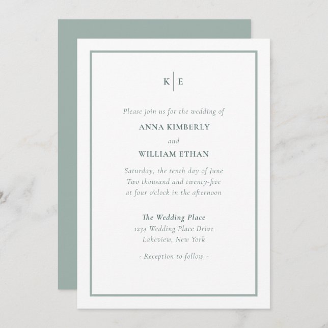 Dusty Grönt Shades Monogram bröllopsinbjudningar Inbjudningar (Fram/baksida)