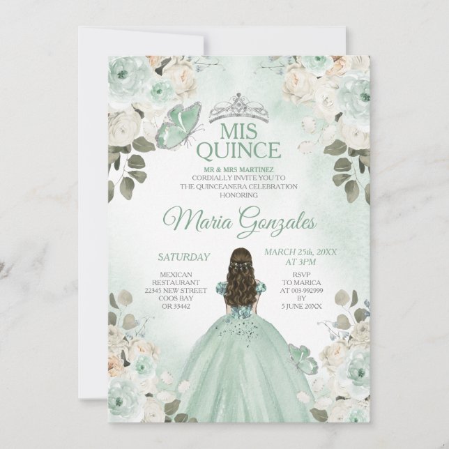 Dusty Grönt & Silver Mis Quince Blommigt Quinceañe Inbjudningar (Framsida)