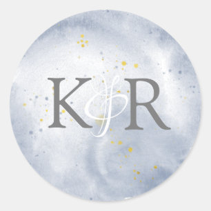 Dusty Guld och Blue Watercolor Bröllop Monogram Runt Klistermärke