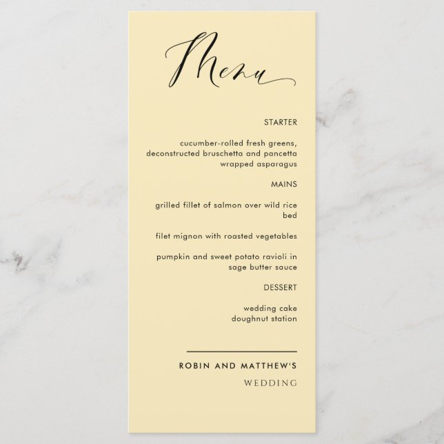 Dusty-Gult, Calligraphy Bröllop / Reception Menu Meny (Framsida)