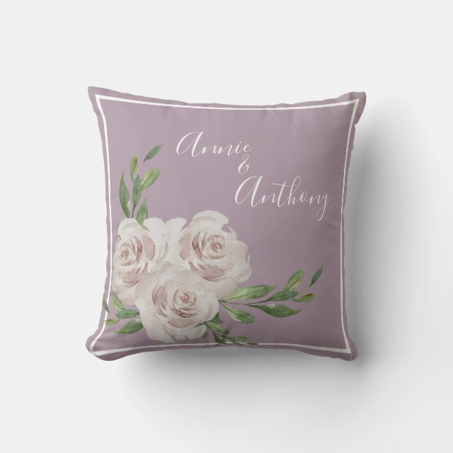 Dusty Lavender Blommigt Romantic Namn Bröllop Kudde (Framsida)
