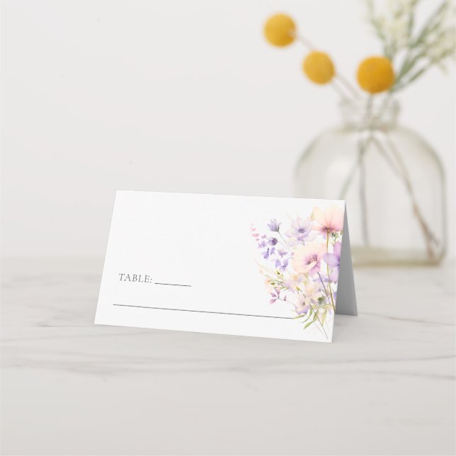 Dusty Lavender Lila Wildblommor Bröllop Placeringskort (Framsida)