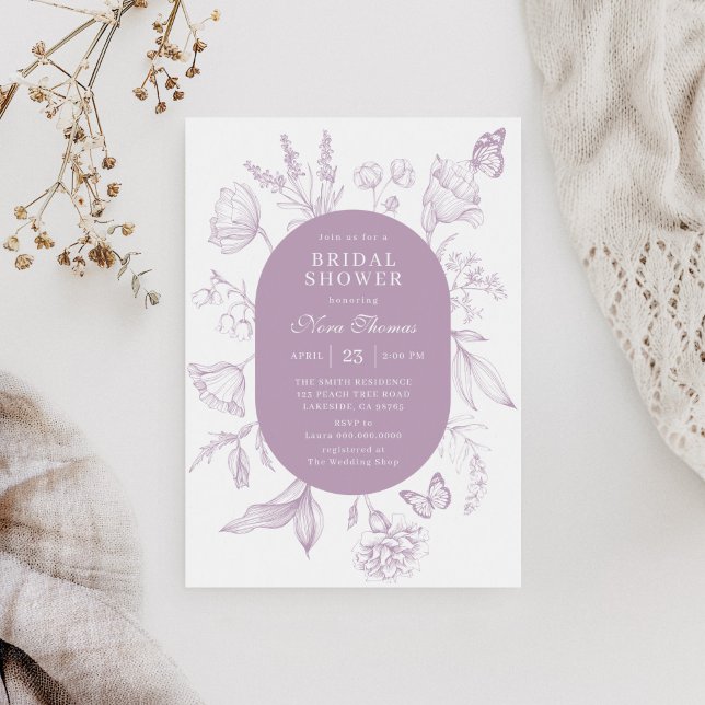 Dusty Lavender Line Art Blommigt Möhippa Inbjudningar (Skapare uppladdad)