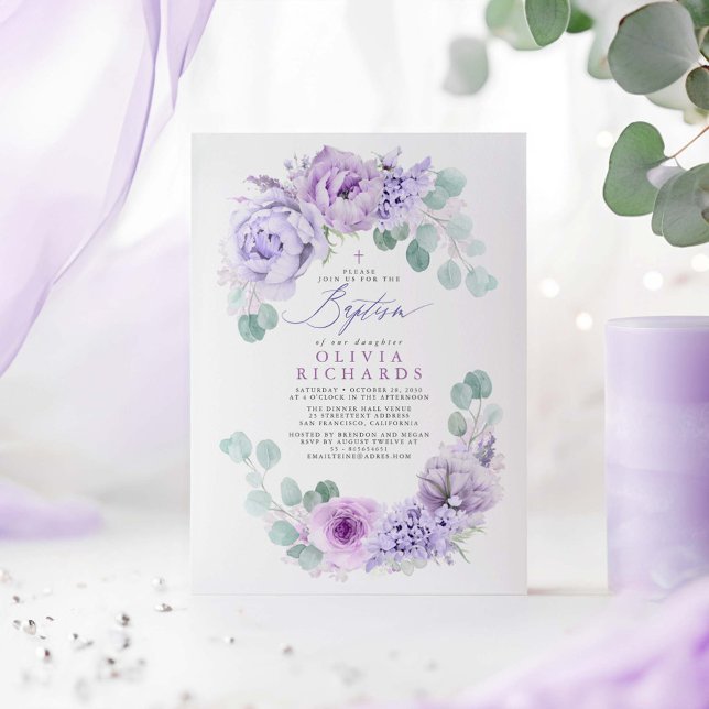 Dusty Light Lila blommor Eucalyptus Baptism Inbjudningar (Dusty Purple Flowers Baptism Invitations)