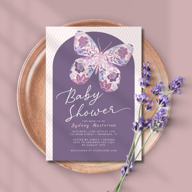 Dusty Lila Arch Butterfly Baby Shower-inbjudan Inbjudningar (Shown on a 5" x 7" card)