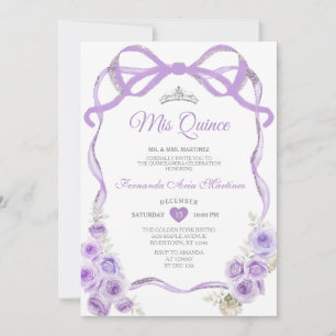 Dusty Lila Blommigt Bow Ribbon Silver Mis Quince Inbjudningar