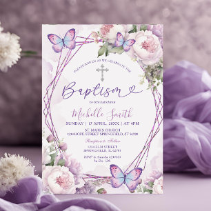 Dusty Lila Blommigt Butterfly Girl Silver Baptism Inbjudningar