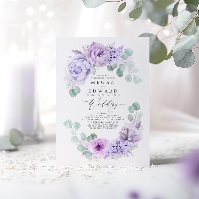 Dusty Lila Blommigt Elegant Boho Bröllop Inbjudningar (Dusty Purple Floral Wedding Invitations)