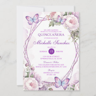 Dusty Lila Blommigt Girl Butterfly Quinceañera Inbjudningar