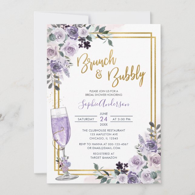 Dusty Lila Blommigt Lilac Flower Brunch och BubLY Inbjudningar (Framsida)