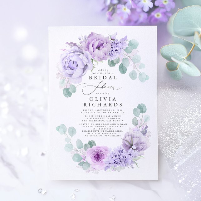 Dusty Lila blommor Elegant Mjuk Möhippa Inbjudningar (Purple Floral Romantic Bridal Shower Invitation)