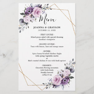 Dusty Lila Blooms Geometric Bröllop Menu