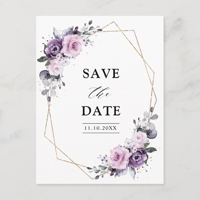 Dusty Lila Blooms Geometric Save Date Vykort (Framsida)