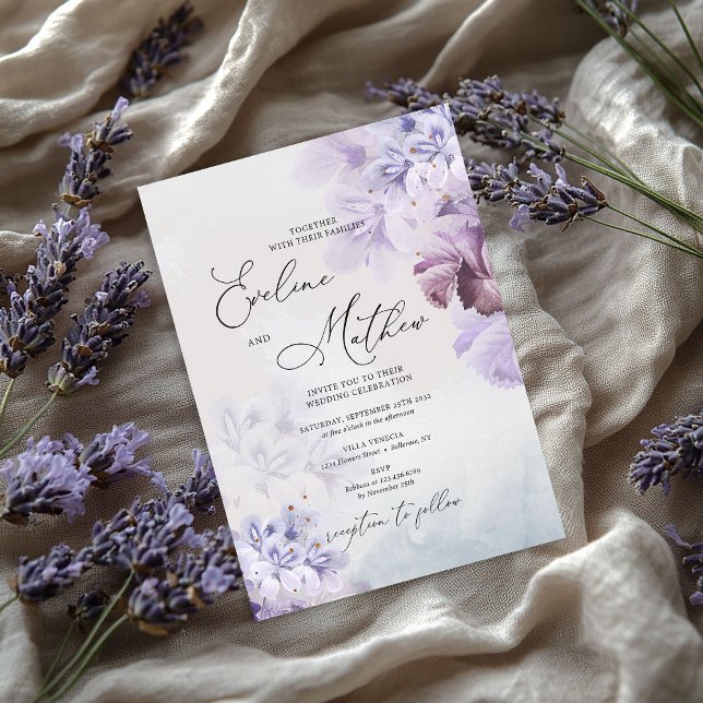 Dusty lila blue blue brunearin blommigt bröllop inbjudningar (Dusty purple blue brown ivory floral wedding invitation)