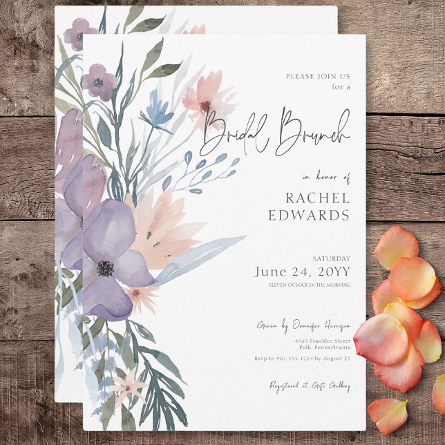 Dusty Lila & Blue Boho Blommigt Möhippa Brunch Inbjudningar (Dusty Purple & Blue Boho Floral Bridal Brunch Invitation)