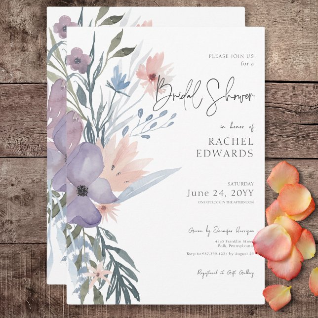 Dusty Lila & Blue Boho Blommigt Möhippa Inbjudningar (Dusty Purple & Blue Boho Floral Bridal Shower Invitation)