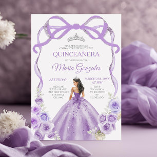 Dusty Lila Bow Princess Silver Krona Quinceañera Inbjudningar
