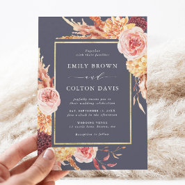 Dusty Lila Burgundy Terracotta Blommigt Bröllop Inbjudningar