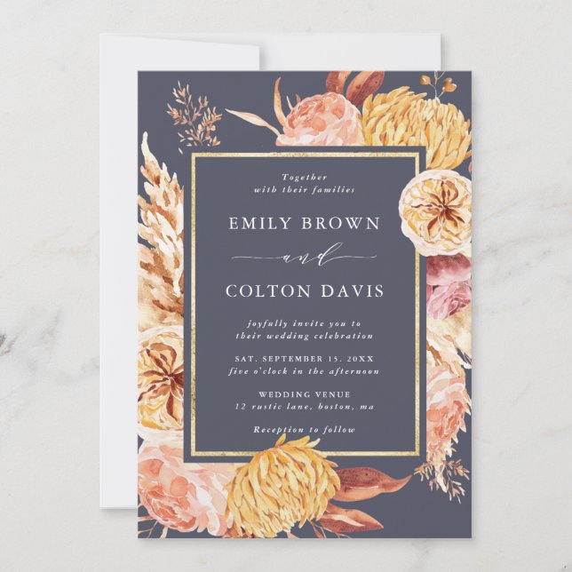 Dusty Lila Burgundy Terracotta Flower Bröllop Inbjudningar (Framsida)