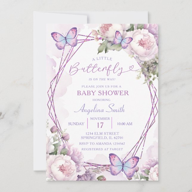 Dusty Lila Butterfly Girl Blommigt Baby Shower Inbjudningar (Framsida)