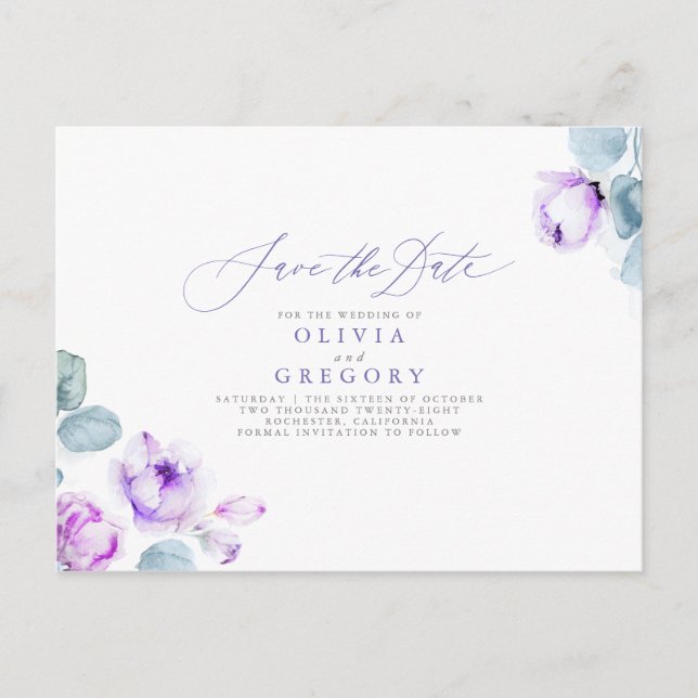 Dusty Lila Elegant Romantic Save Date Meddelande Vykort (Framsida)