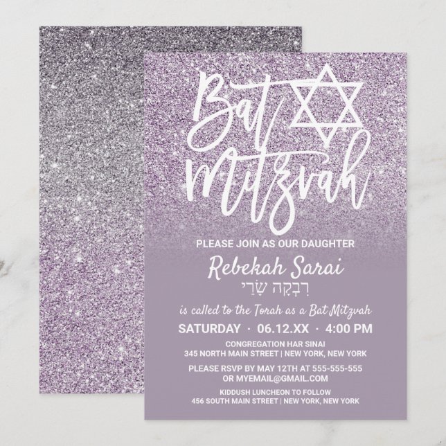 Dusty Lila Grått Faux Glitter Ombre Bat mitzvah Inbjudningar (Fram/baksida)