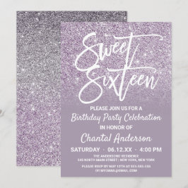 Dusty Lila Grått Faux Glitter Ombre Sweet sixteen Inbjudningar