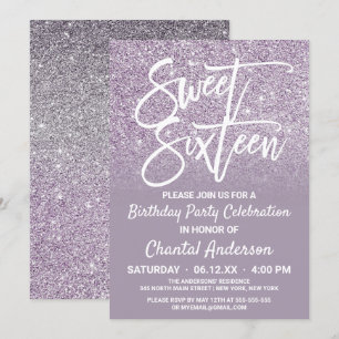 Dusty Lila Grått Faux Glitter Ombre Sweet sixteen Inbjudningar