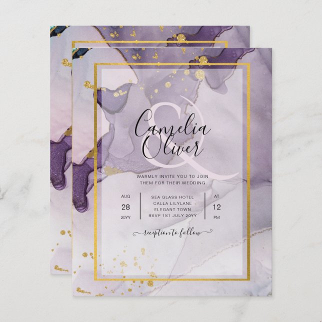 Dusty Lila Guld Alcohol BLÄCK Abstrakt Bröllop (Fram/baksida)