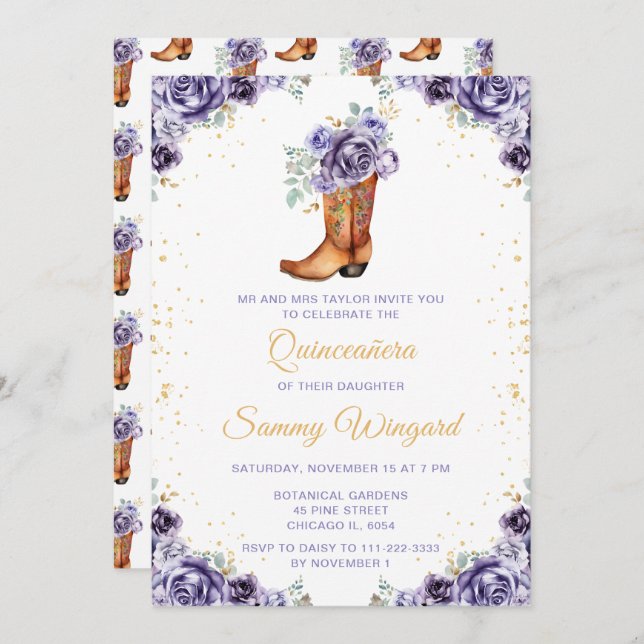 Dusty Lila Guld Blommigt Cowboy Boot Quinceañera Inbjudningar (Fram/baksida)