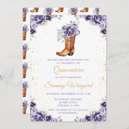 Dusty Lila Guld Blommigt Cowboy Boot Quinceañera Inbjudningar