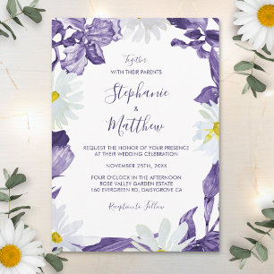 Dusty Lila Iris White Daisy Botanical Bröllop Inbjudningar