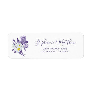 Dusty Lila Iris White Daisy Botanical Bröllop Returadress Etikett
