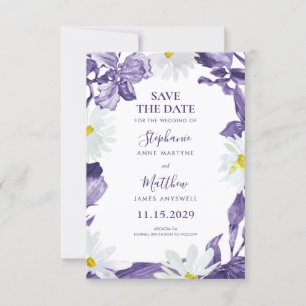 Dusty Lila Iris White Daisy Botanical Bröllop Spara Datumet