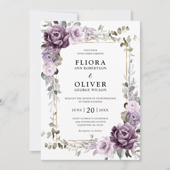 Dusty Lila Lavender Guld Geometric Bröllop Inbjudningar (Framsida)