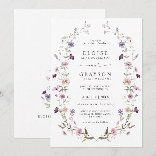 Dusty Lila Lavender WildblomGarden Wedding Inbjudningar (Fram/baksida)