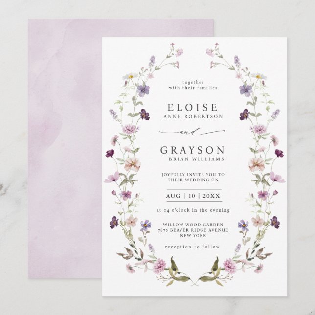 Dusty Lila Lavender WildblomGarden Wedding Inbjudningar (Fram/baksida)