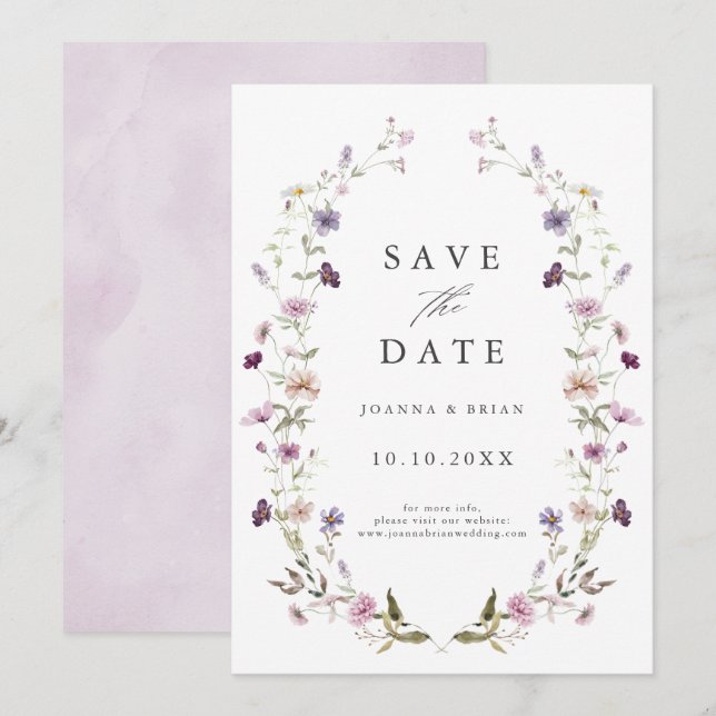 Dusty Lila Lavender WildblomGarden Wedding Spara Datumet (Fram/baksida)