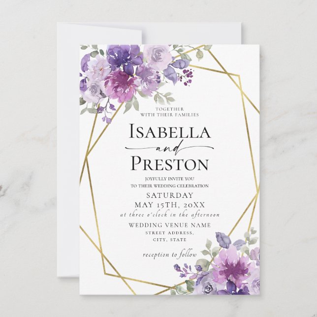 Dusty Lila Lilac Mauve Gold Foil Blommigt Bröllop Inbjudningar (Framsida)